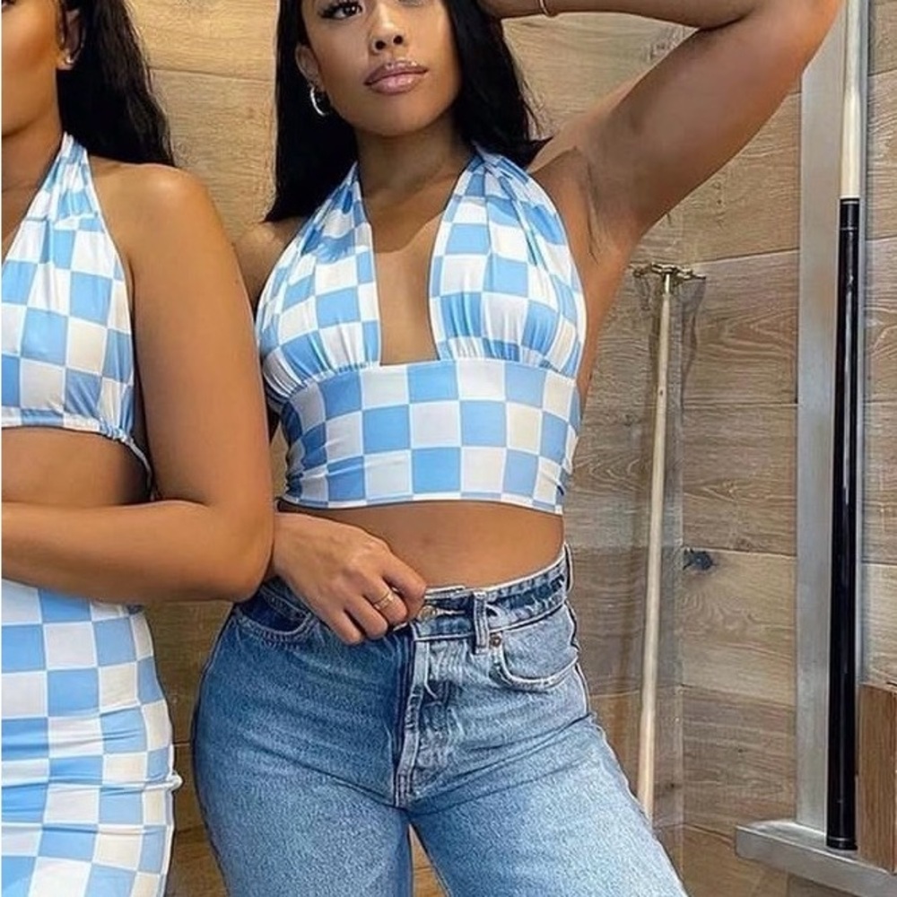 NWT Beginning Boutique Sky Blue and White Checkered Crop Top